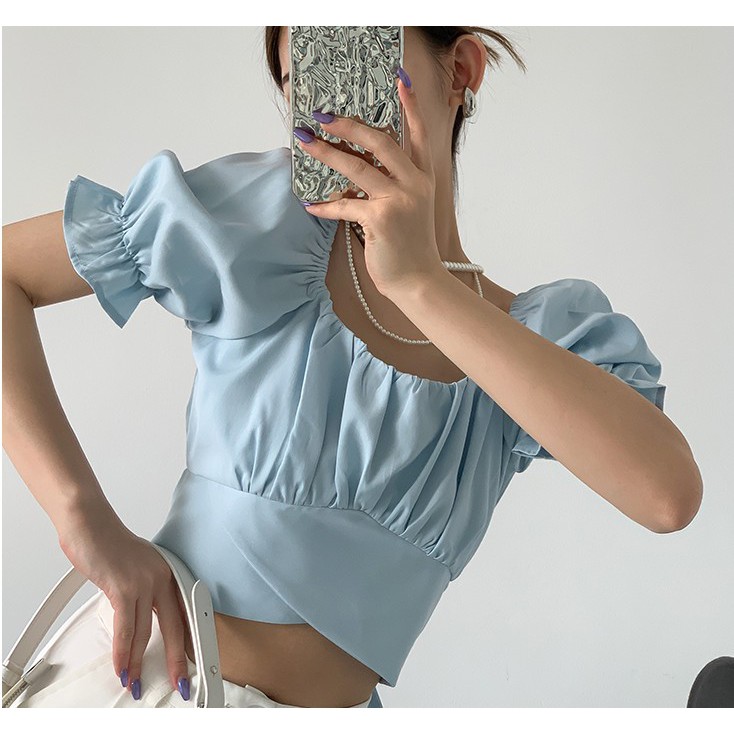 Áo croptop tay phồng có buộc dây sau lưng phong cách Pháp ngọt ngào cho nữ