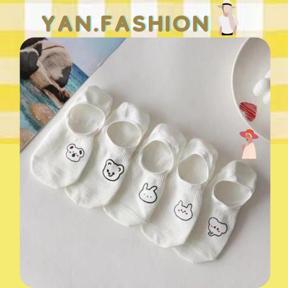 Tất Cổ Ngắn, Vớ Tất Lười Nửa Bàn Chân Nữ Màu Trắng Họa Tiết Hình Thú Dễ Thương Phong Cách Hàn Quốc