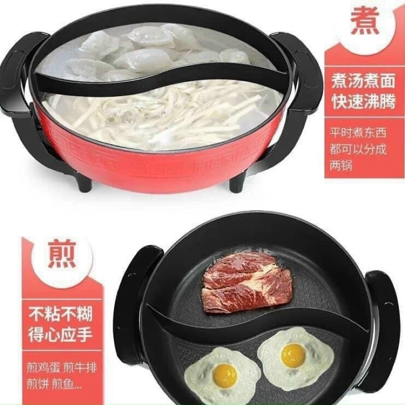 Nồi lẩu 2 ngăn, Nồi lẩu điện đa năng, uyên ương dung tích 6L chống dính sôi nhanh siêu tiện lợi