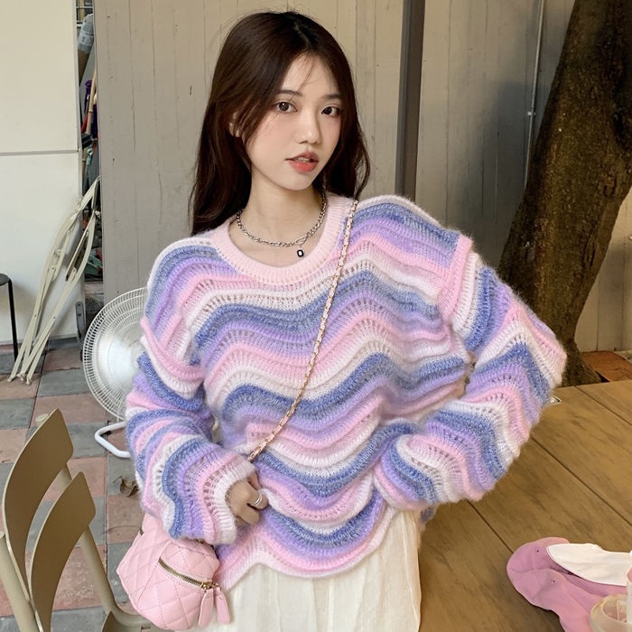 COZOK Áo Sweater Tay Dài Kẻ Sọc Nhiều Màu Thời Trang