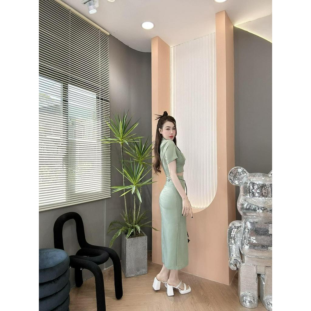 Set váy nữ công sở áo vest croptop mix chân váy form dài thanh lịch, sang chảnh