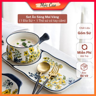 Bộ bát đĩa sứ, set bát ăn sáng có tay cầm kèm đĩa đựng họa tiết mai vàng - bát đĩa decor bàn ăn sang trọng