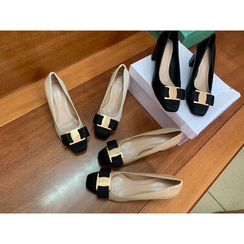 Giầy phối mũi đen nơ vải siêu xinh