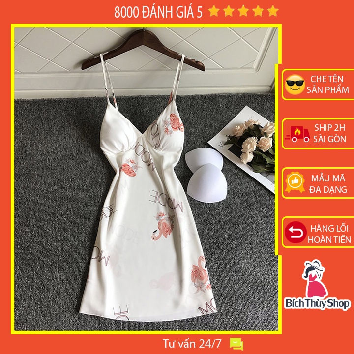 Váy ngủ lụa 2 dây hình hồng hạt xinh xắn có kèm mút ngực (màu trắng)