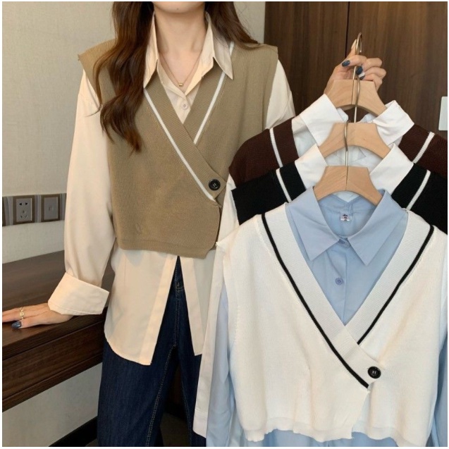 Áo Ghi Lê Dệt Kim Cổ Chữ V Croptop Phối Màu Tương Phản Thời Trang Mùa Thu Đông_yohamy