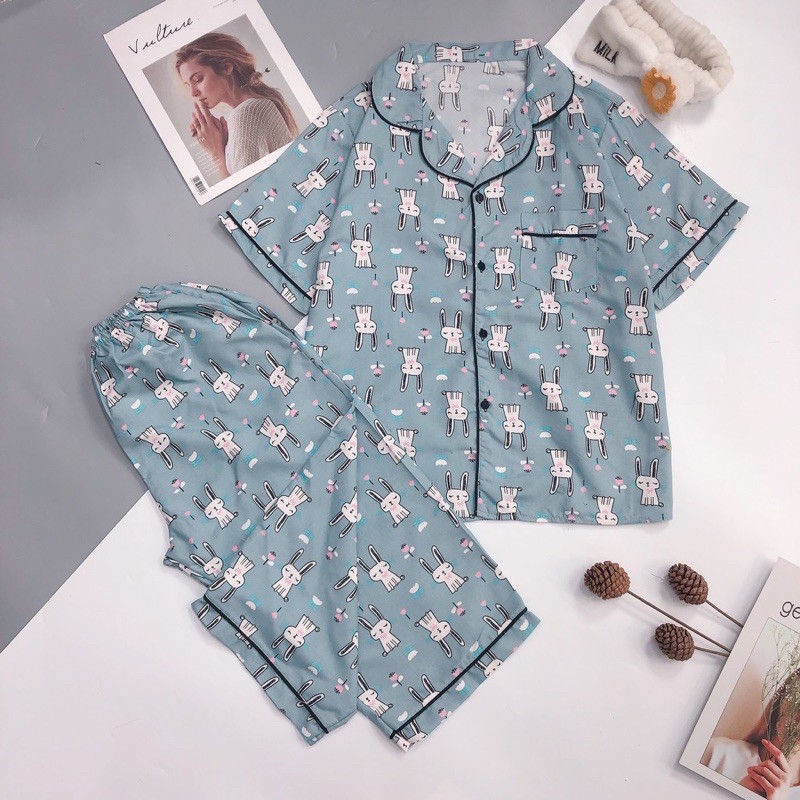 [Kate mềm] Bộ Pijama lửng chất Kate Thái mềm freesize&lt;60kg