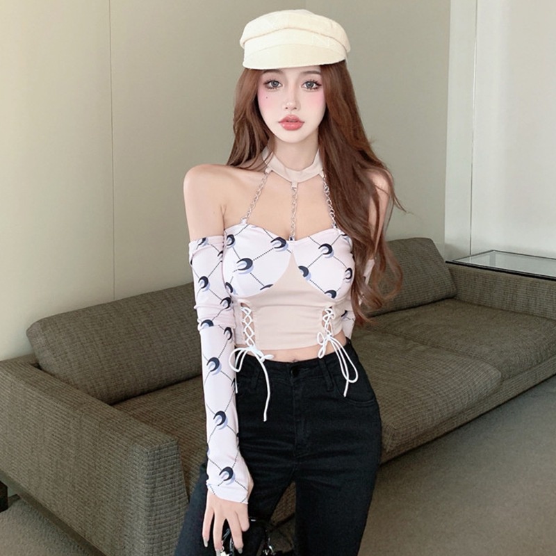 Áo Thun Croptop Tay Dài Trễ Vai Dáng Ôm In Họa Tiết Quyến Rũ Thời Trang Hàn Quốc Cho Nữ