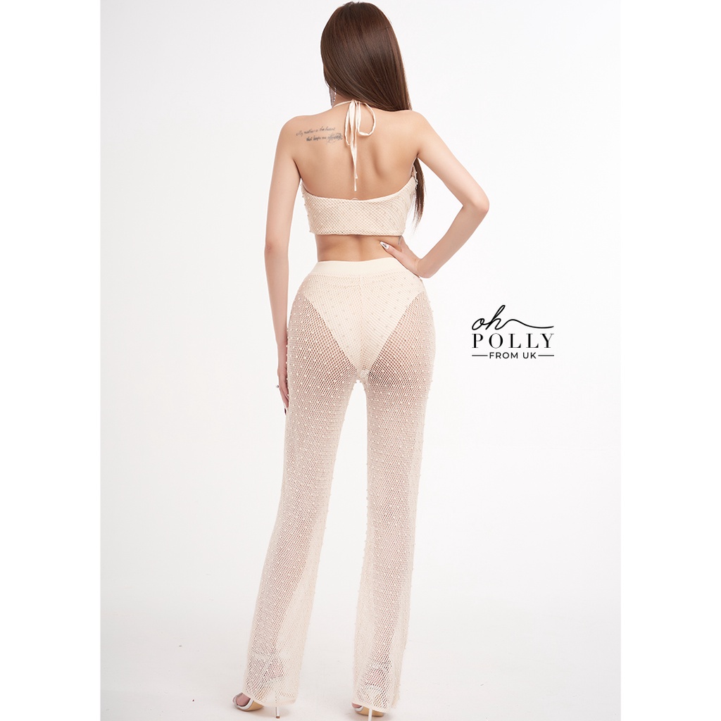 Oh Polly - Set áo croptop cổ yếm và quần dài len móc lưới, đồ nữ sang chảnh