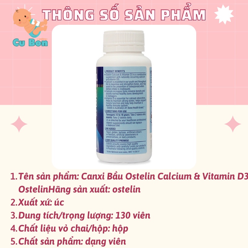 Canxi Bầu Ostelin Calcium &amp; Vitamin D3 Ostelin, Úc Bổ Sung Vitamin D &amp; Canxi (130 Viên) dành cho bà bầu