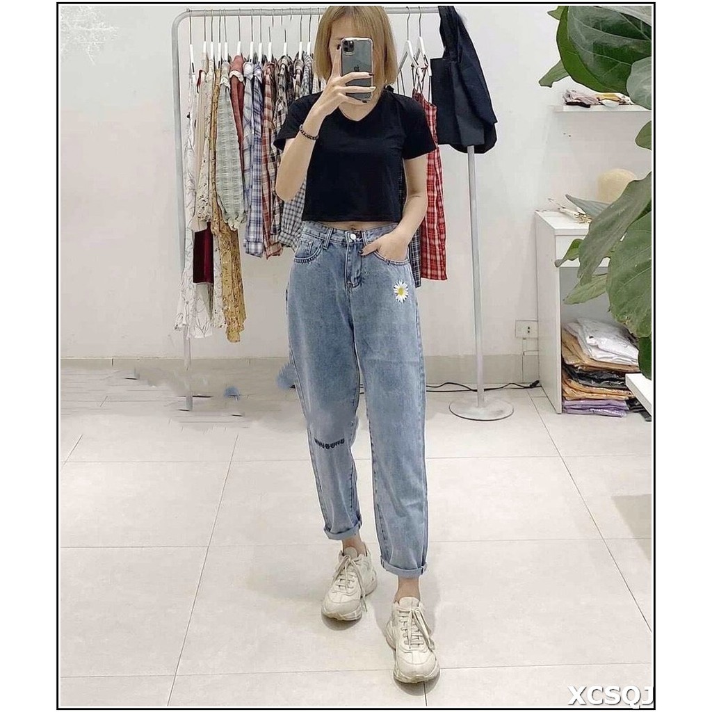 Quần jean nữ BAGGY RÁCH + THÊU HÌNH HOA CÚC GG5