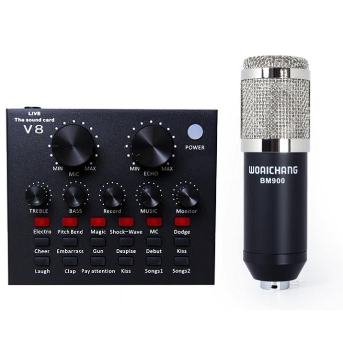 Combo Soundcard V8 AQTA Chính Hãng Bluetooth + Mic Karaoke Livetream BM 900, Có AutoTune Chuẩn Phòng Thu