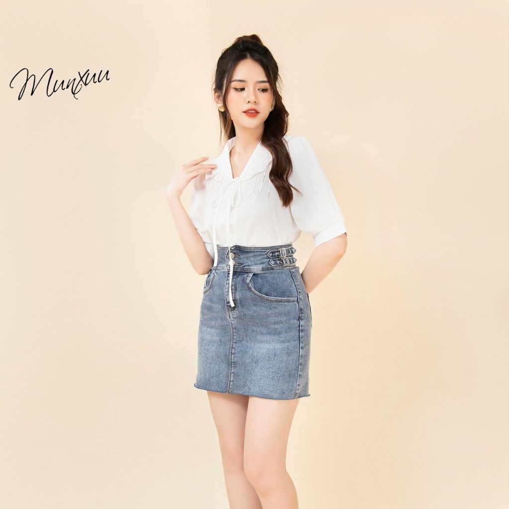 Áo sơ mi nữ trắng tay bồng MUNXUU, thiết kế cổ bèo buộc nơ nữ tính - SP41