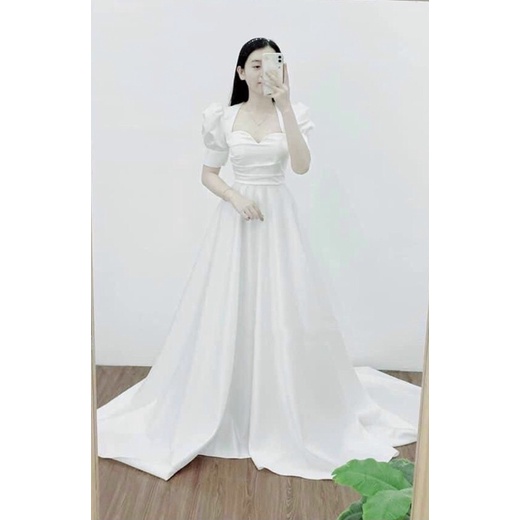 ĐẦM XOÈ MẶC CƯỚI CỔ U XÉO TAY PHỒNG full size:S/M/L/Xl