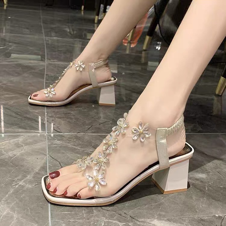 Sandal Cao Gót 5 phân, Giày Cao Gót Trụ Mũi Vuông, Sandal Cao Gót Đính Hoa Cực Đẹp