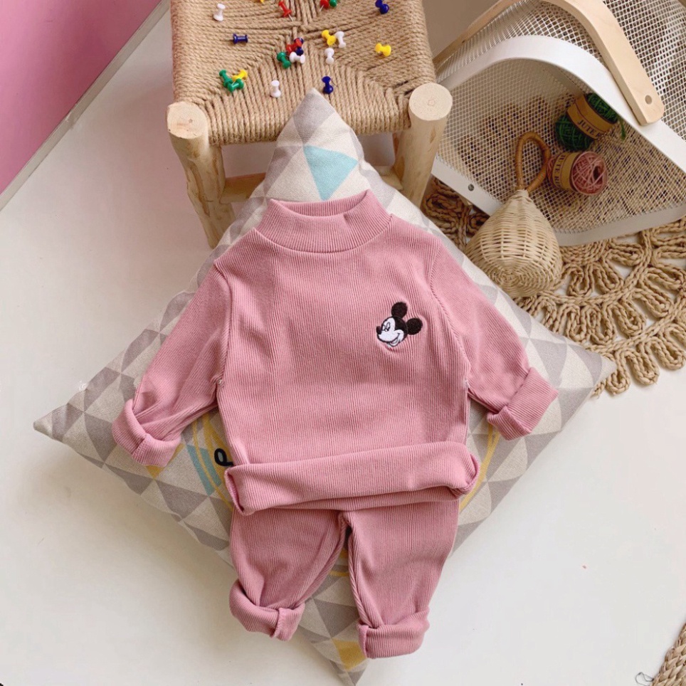 Quần áo thu đông bé trai, bé gái, bộ tăm dài tay mềm mại áo cổ 3p thêu hình Mickey cho bé