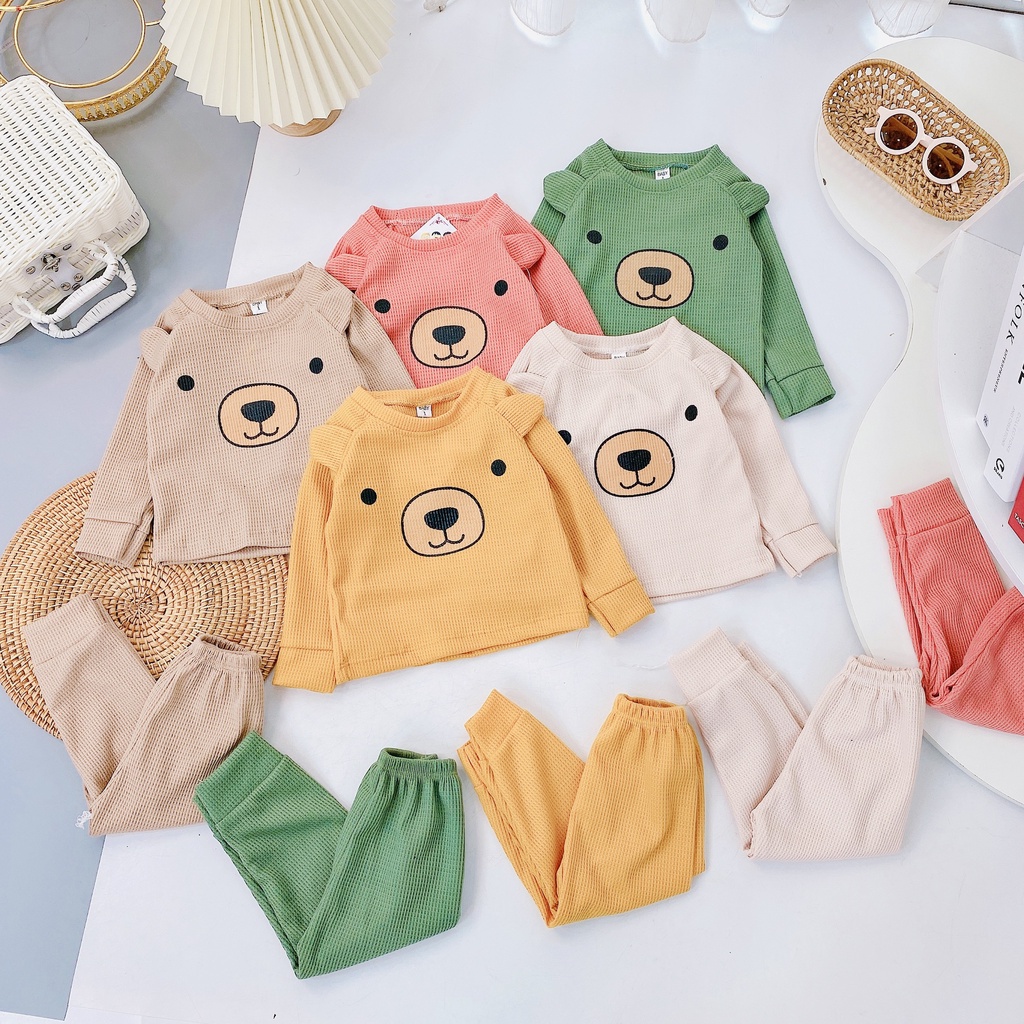 [DT81] Bộ Dài Tay Gấu Bông Có Tai Thật Cho Bé Cực Xinh Chất Vải Cotton Tổ Ong Co Giãn Size Từ 8-16Kg VNXK Nhật-Hàn