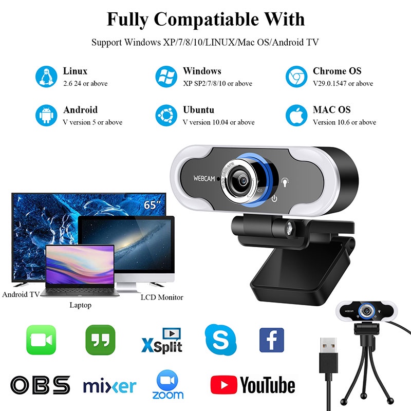 Webcam KCO X15 1080P HD có đèn và micro cho Twitch / máy tính bàn / laptop / Xbox / họp Zoom | BigBuy360 - bigbuy360.vn
