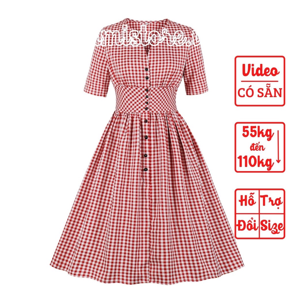 ĐẦM CHỮ A BIGSIZE CỔ V HỌA TIẾT CARO ĐỎ TRẮNG PHỐI HÀNG NÚT ĐEN - HIMISTORE - HM270