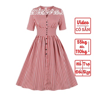 [CÓ SẴN] ĐẦM CHỮ A BIGSIZE CỔ V HỌA TIẾT CARO ĐỎ TRẮNG PHỐI HÀNG NÚT ĐEN - HIMISTORE - HM270