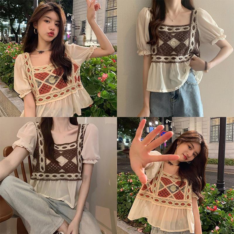 Áo Sơ Mi Tay Ngắn Phồng Thêu Họa Tiết Phong Cách Hàn Quốc Cổ Điển Thời Trang Mùa Hè Cho Nữ