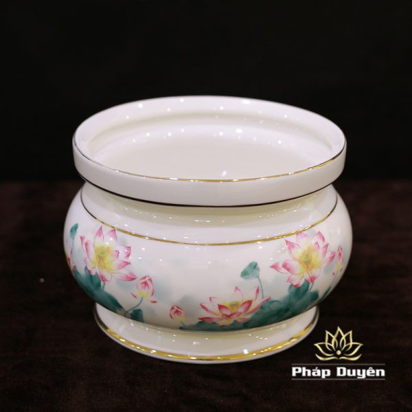 Đồ Thờ Sứ Cao Cấp Nhập Khẩu Trắng Hoa Sen Hồng Lá Xanh gồm Bát hương, ly nước, mâm bồng, lọ hoa...