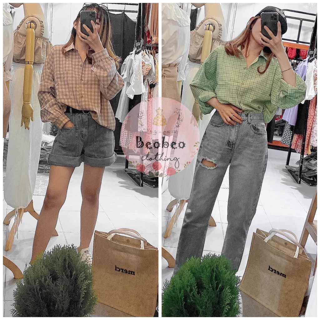Áo sơ mi oversize sọc caro 4 màu pastel tay phồng