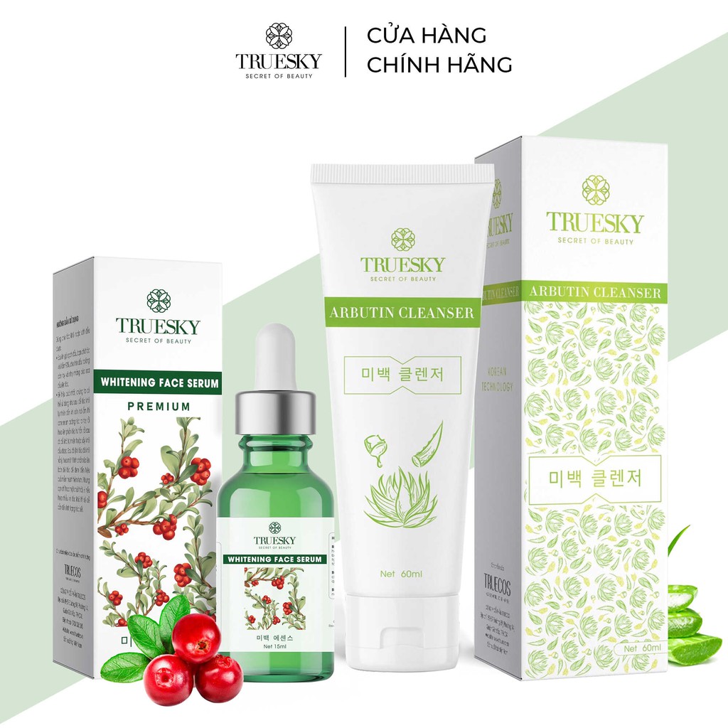 Bộ sản phẩm làm trắng và ngăn ngừa lão hoá da mặt Truesky gồm 1 serum dưỡng trắng 20ml + 1 sữa rửa mặt sữa dê 50g