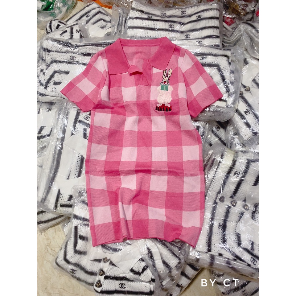 ĐẦM POLO NỮ SỌC KẺ MÀU HỒNG FORM SUÔNG CHẤT VẢI CO DÃN CHẤT LƯỢNG CAO