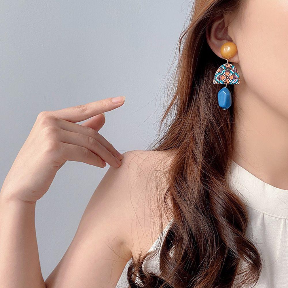 EXPEN Khuyên Tai Kim Loại Đính Đá Nhựa Resin Màu Sắc Tương Phản Phong Cách Retro Dành Cho Nữ