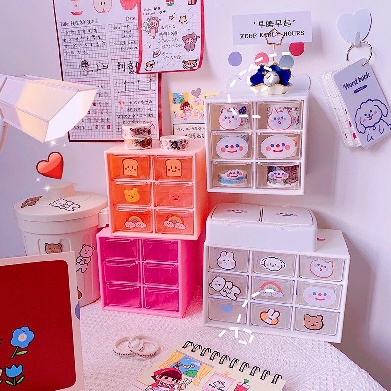 Kệ Nhựa Mini 9 Ô Có Ngăn Kéo Đựng Đồ Vật Nhỏ Siêu Đáng Yêu- Tặng Kèm Sticker