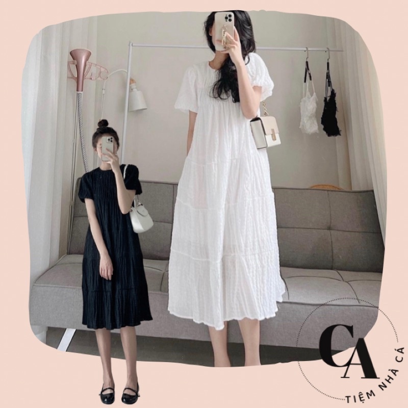 Đầm công chúa váy midi chất tơ xốp dáng dài tay bồng nhún ngực ulzzang hàn quốc (ảnh thật/có sẵn) Tiệm Nhà Cá