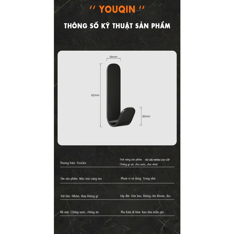 Bộ 5 Móc Treo Đồ Dán Tường - YouQin Chất Liệu Hợp Kim Nhôm Không Gỉ, Dán Keo Siêu Chắc, Không Khoan Đục
