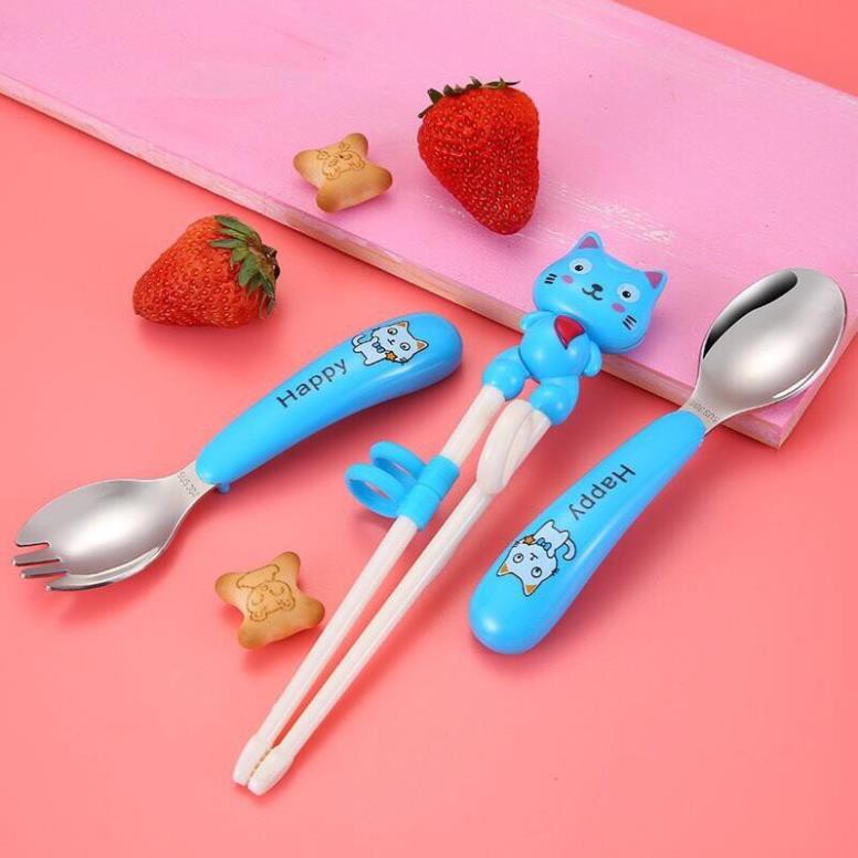 Set Thìa + Đữa + Dĩa Kèm Hộp Đựng Cho Bé Ăn Dặm Chất Liệu Inox Happycat Hàn Quốc