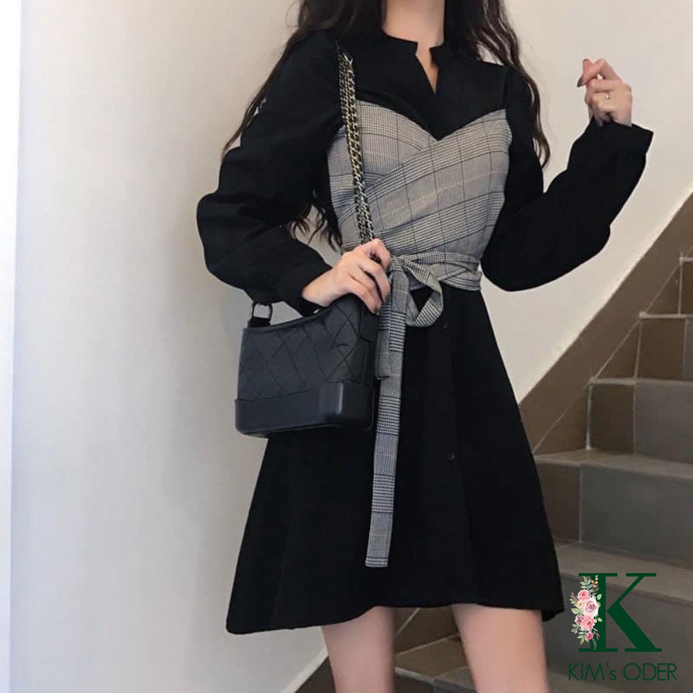 Set váy phối kẻ thắt nơ eo cá tính