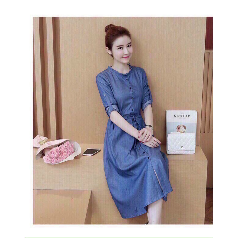 Váy Công Sở | Đầm Jean Xoè Cổ Bèo Tròn Xinh Xinh | BigBuy360 - bigbuy360.vn