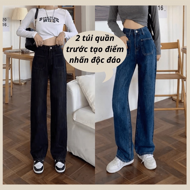 Quần jean nữ ống rộng lưng cao thiết kế 2 túi trước độc đáo, phong cách ulzzang RÔ STORE QD37