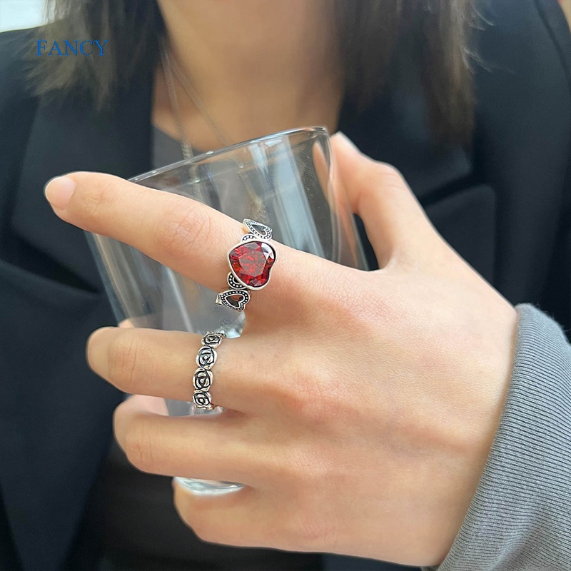 Nhẫn Bạc Thái Khắc Hình Hoa Hồng/Chim Bồ Câu Đính Đá Zircon Màu Đỏ Phong Cách Retro
