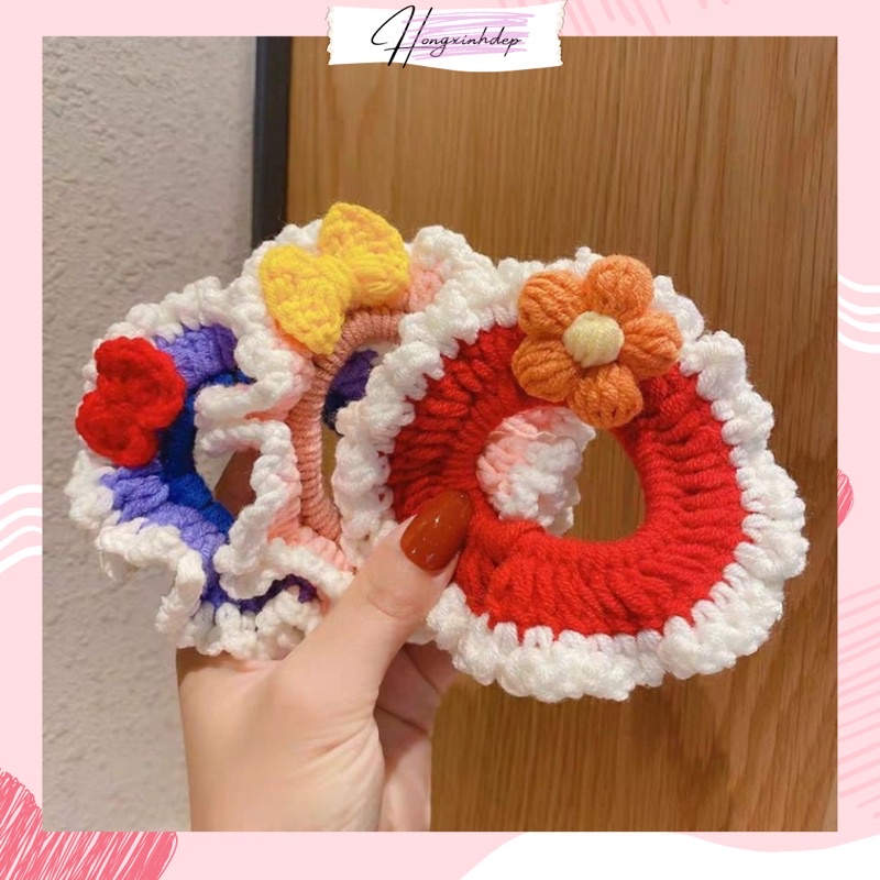 Dây buộc tóc len handmade, cột tóc scrunchies hoa len 5 cánh dễ thương cho nữ