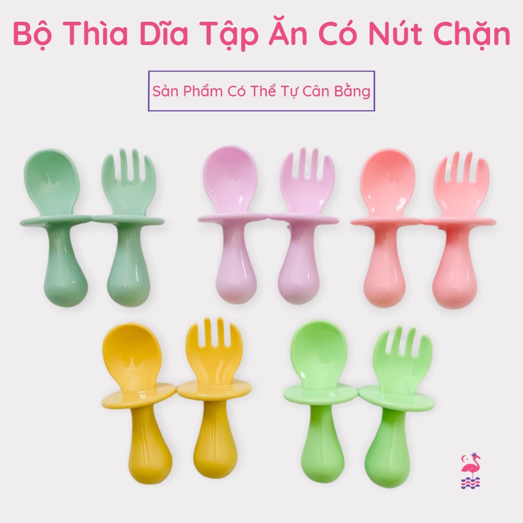 Bộ Thìa Dĩa Tập Ăn Cán Ngắn Có Nút Chặn BLW Ấm Gift Decor Nhựa PP An Toàn Cho Bé