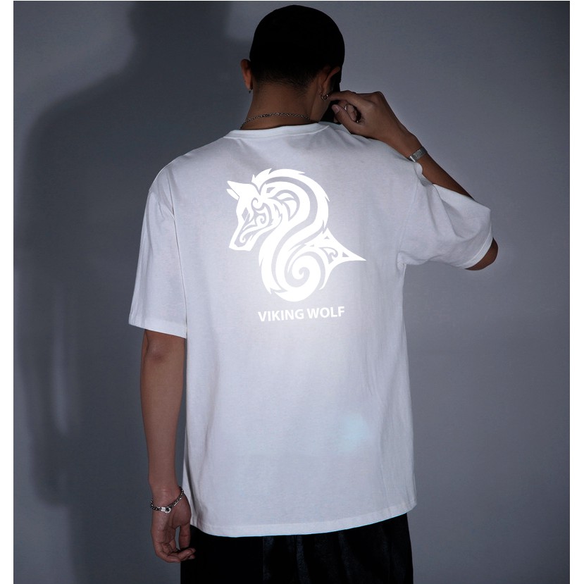 Áo thun unisex tay lỡ in CHÓ SÓI phản quang phát sáng