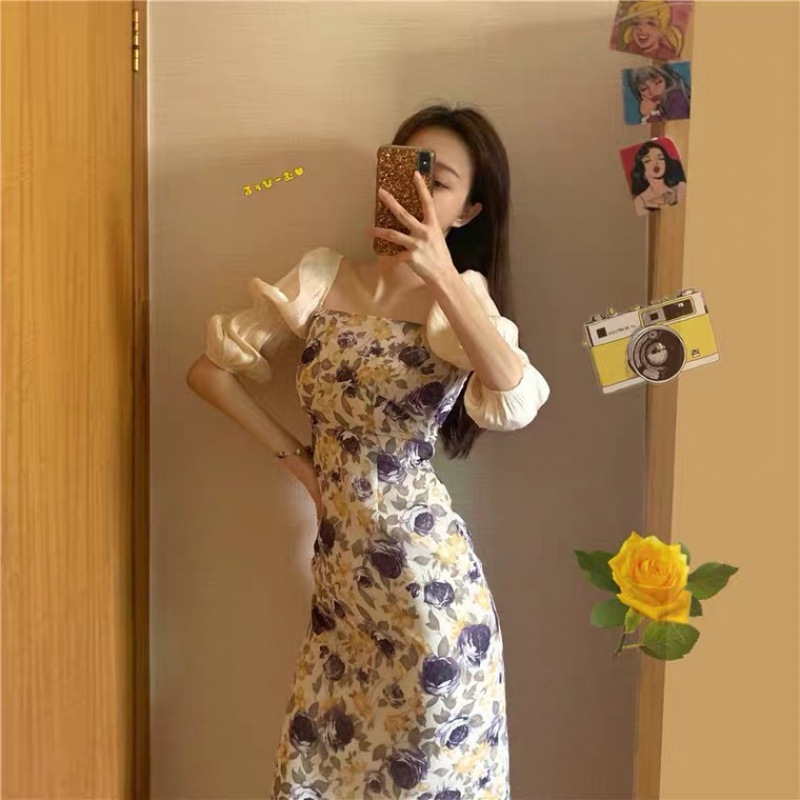 Đầm cổ vuông đầm nữ váy hoa đầm body nhí chân váy chữ a Đầm Dài Tay Lửng Eo Cao In Hoa Phong Cách Thời Trang Mùa Hè Hàng Mới 2022 Dành Cho Bạn Nữ