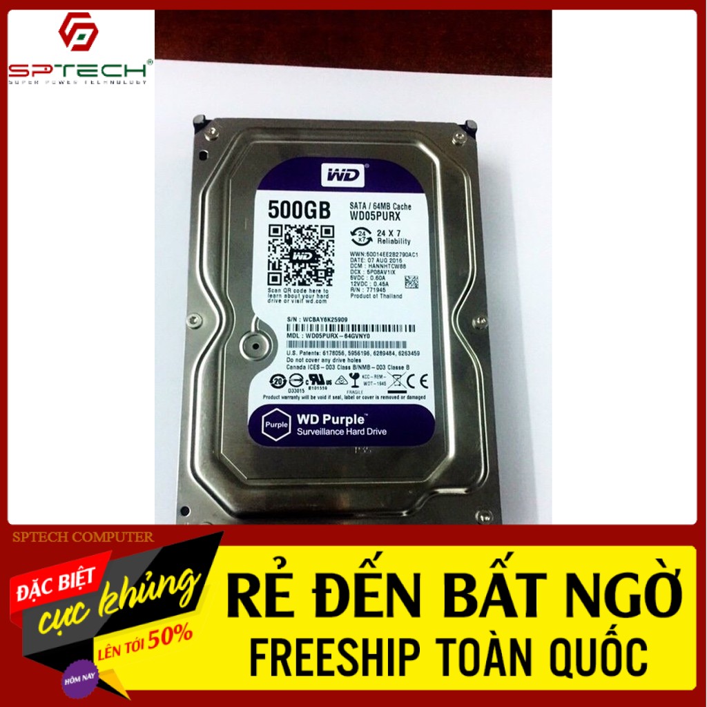 HDD 💎𝓕𝓡𝓔𝓔𝓢𝓗𝓘𝓟💎 Ổ CỨNG HDD WESTERN 500G Purple - Chuyên Camera  SPTECH COMPUTER
