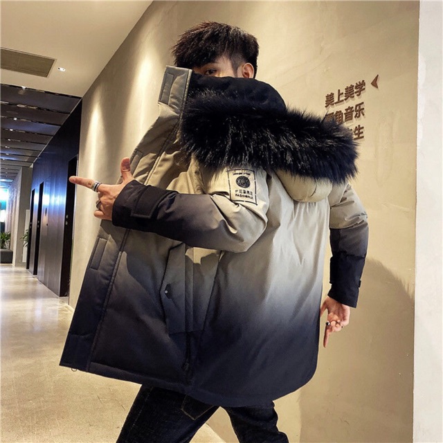 Áo khoác nam cotton 2020 Gradient mùa đông Cổ áo lông lớn Xu hướng Hàn Quốc Loose Down Cotton Jacket