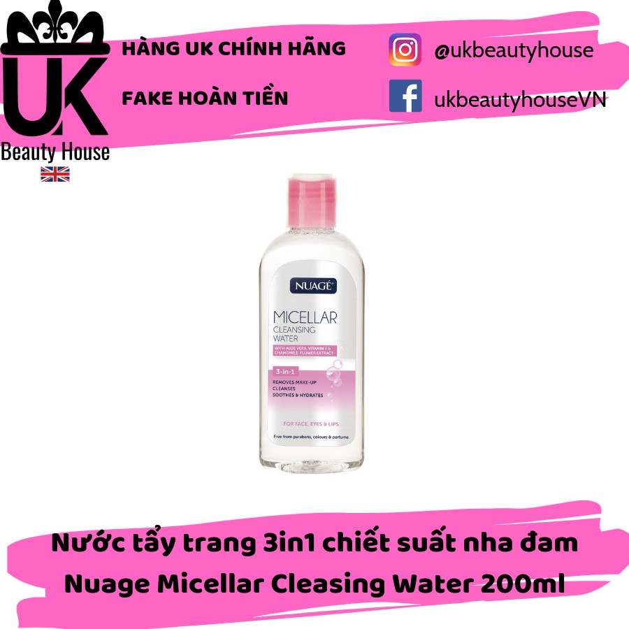 [CHÍNH HÃNG] Nước tẩy trang và dưỡng ẩm 3 in1 chiết suất nha đam Nuage Micellar Cleasing Water 200ml