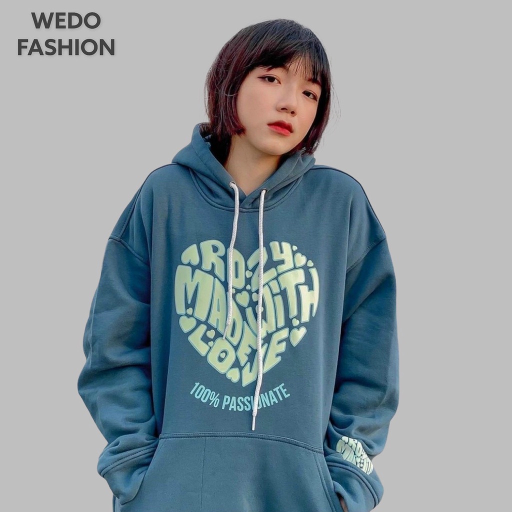 Áo hoodie MADEWHIT LOVE nữ, chất vải nỉ ngoại dày dặn phối túi form rộng sành điệu WEDO