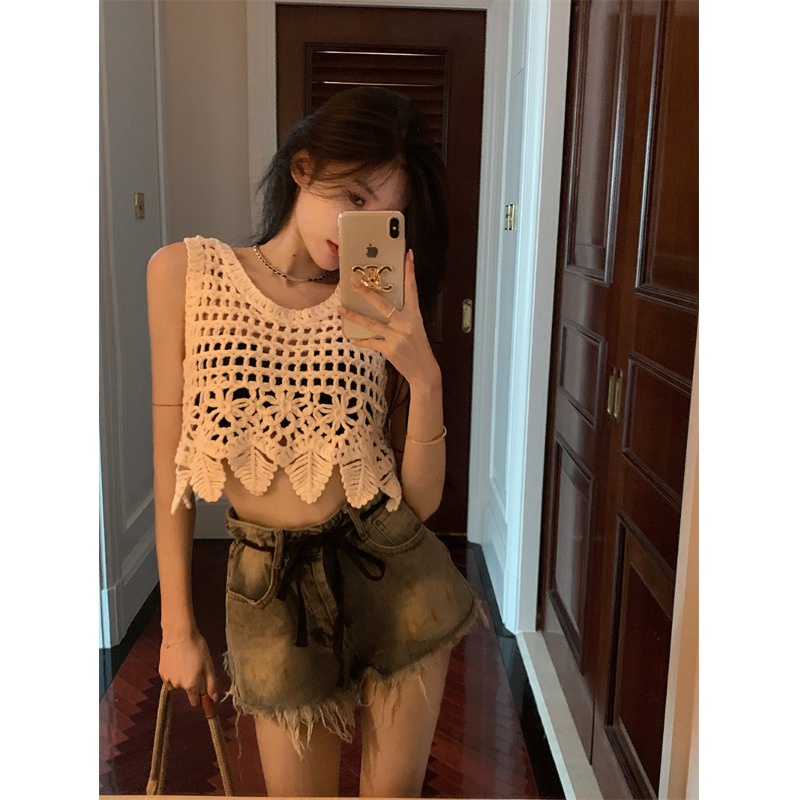 QADCOL  Áo Dệt Kim Sát Nách Dáng Rộng Thiết Kế Đục Lỗ Thời Trang Mùa Hè Hàng Mới Dành Cho Bạn Nữ
