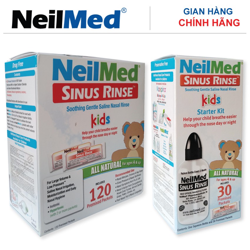 Combo Baby SinusCare: Bộ Rửa Mũi Xoang Trẻ Em NeilMed Sinus Rinse Kids - SX Mỹ(1 Bình + 30 gói muối và Hộp 120 gói muối)