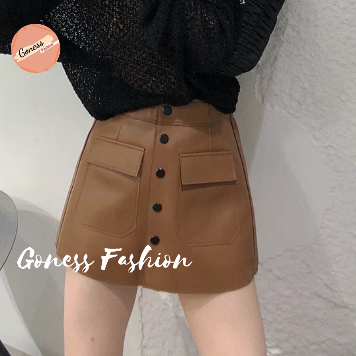 Quần giả váy da Goness dáng chữ a ngắn phối khuy thiết kế túi trước hai màu đen nâu thời trang QD112