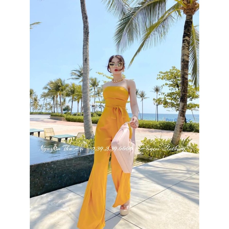 JUMSUIT ỐNG QUẦN SUÔNG LỤA SANG CHẢNH SEXY BUỘC EO