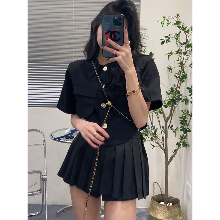 Hot!F &amp; X Set Áo Sơ Mi Phối Chân Váy Xếp Ly Eo Cao Thời Trang Mùa Hè Phong Cách Hàn Quốc Dành Cho Nữ